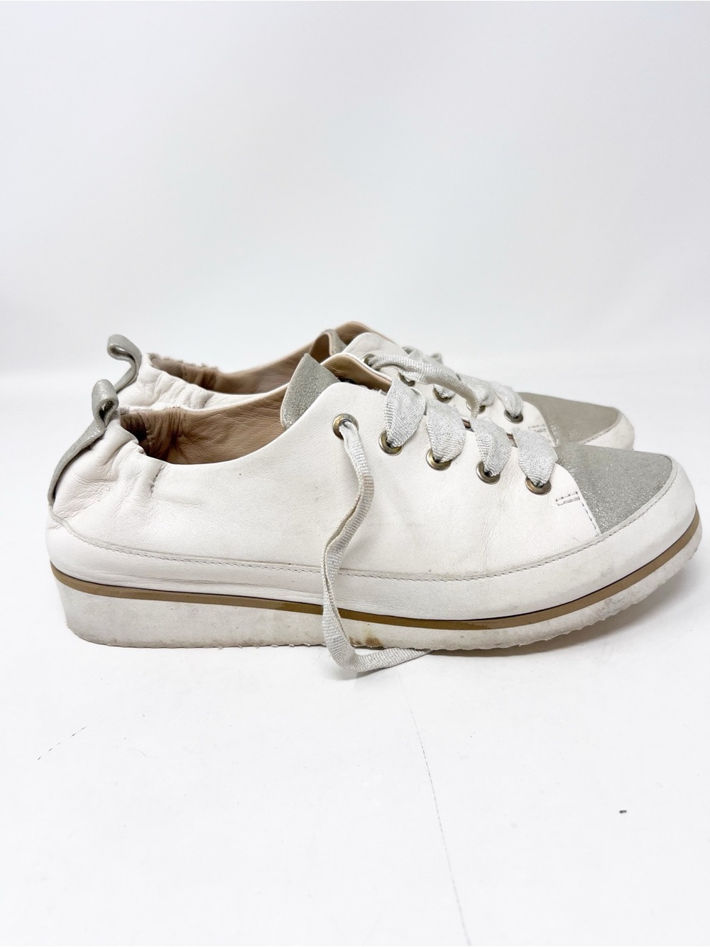 RON WHITE OFF-WHITE METALLIC TOE CAP LACE UP NOVA SNEAKERS WOMENS 37.5/7.5